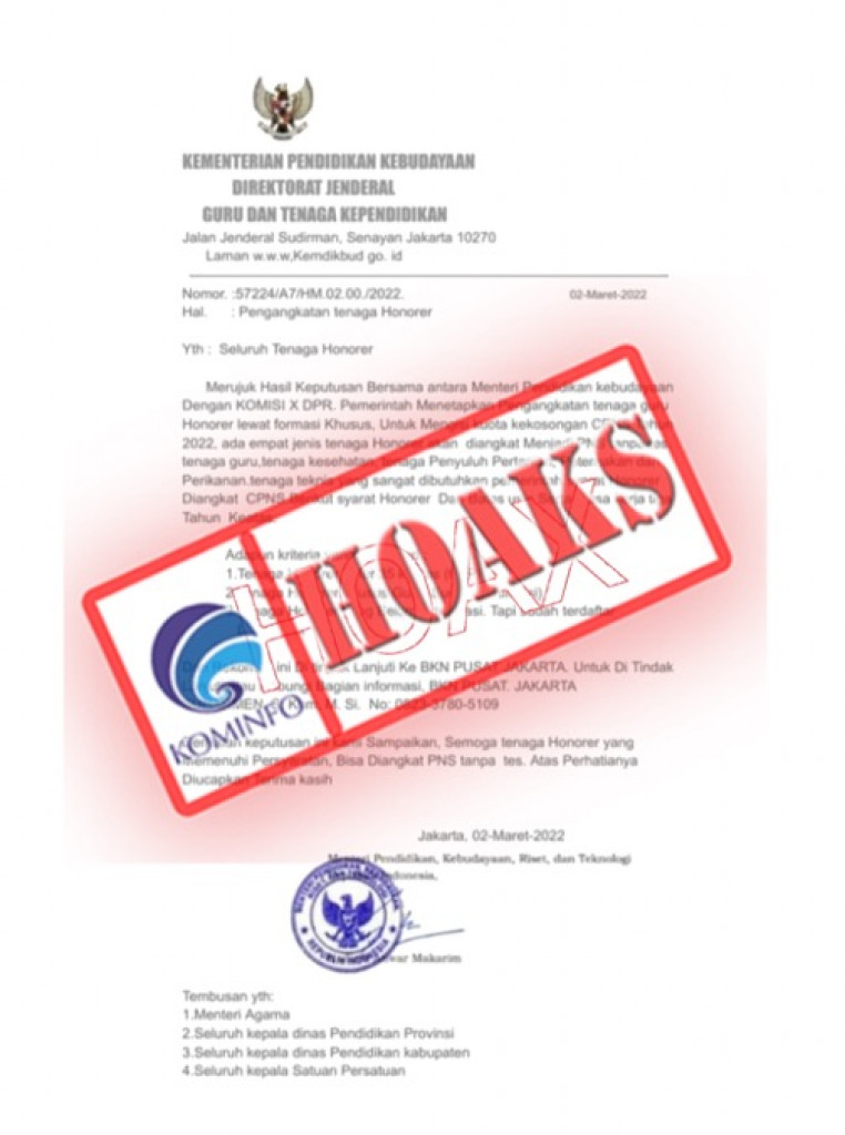 [HOAKS] Surat Pengangkatan Tenaga Honorer Menjadi PNS Tanpa Tes di Kementerian Pendidikan dan Kebudayaan